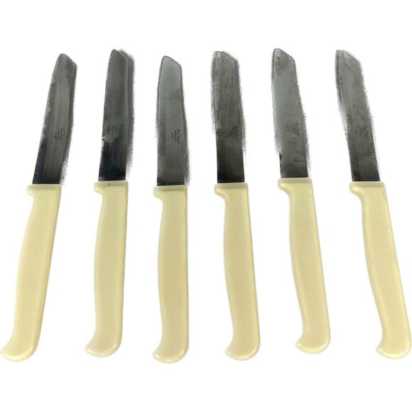 Lot Of 6 Quikut Cream Handled Stainless Steak Vintage Knives Made in USA - Picture 1 of 2